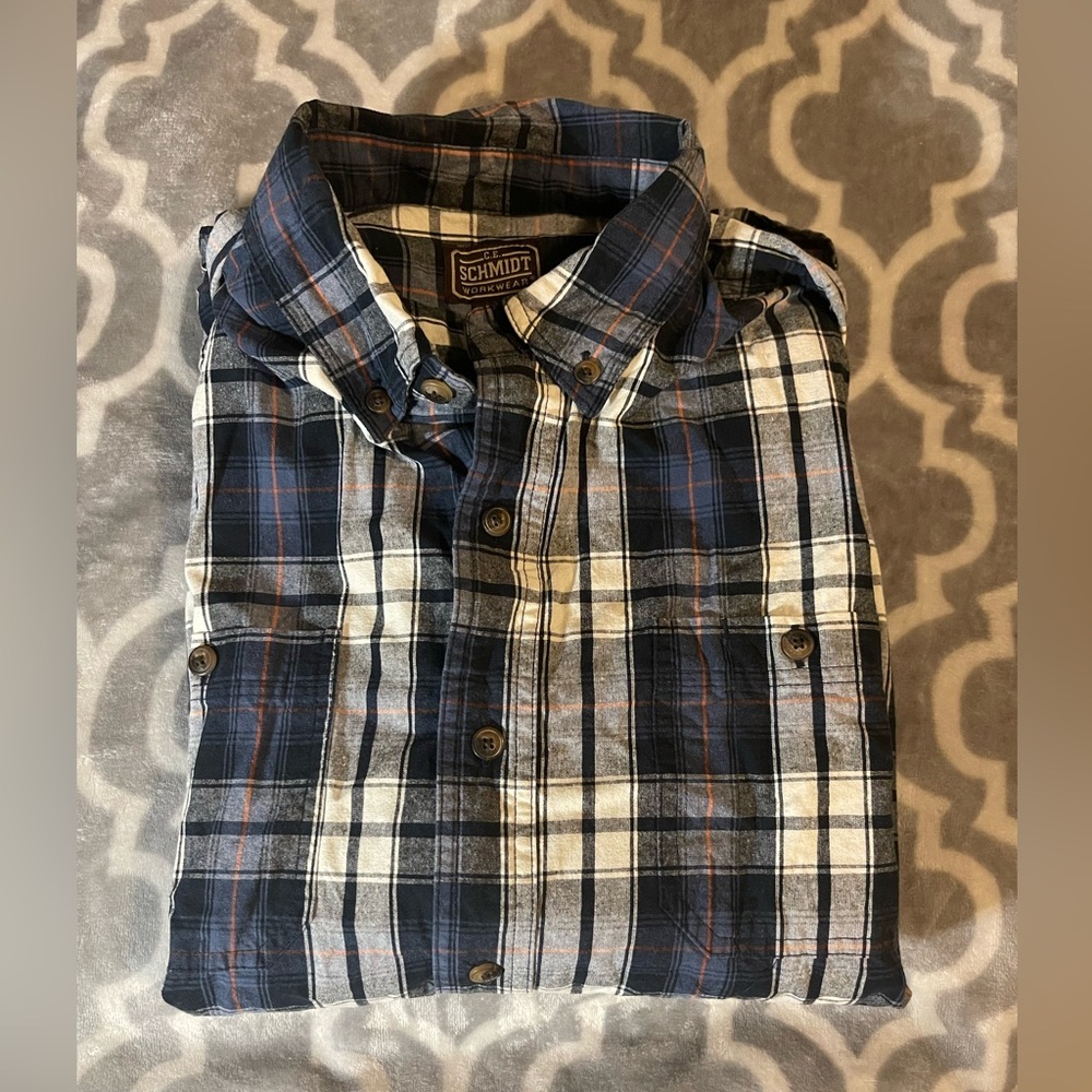 C.E. Schmidt Workwear Button Down Plaid Shirt, Blue Size Large # 2114